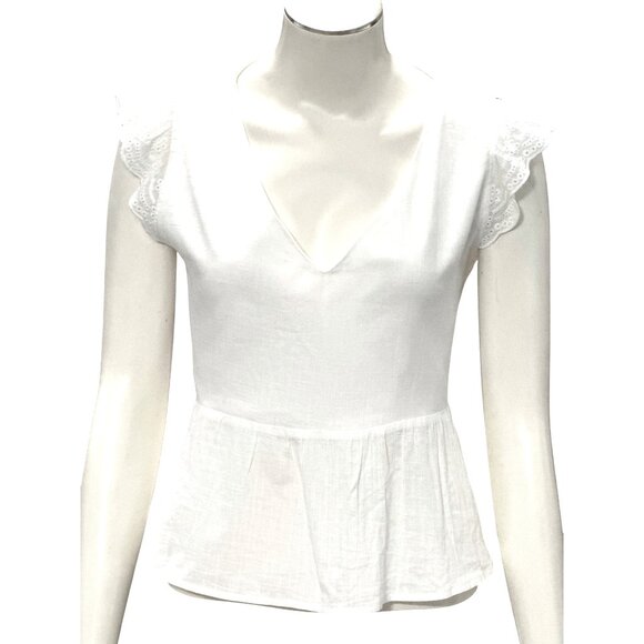 CCC White Cotton V Neck Peplum Crop Top Lace Cap Sleeves Size Medium Boho Chic - Picture 1 of 8